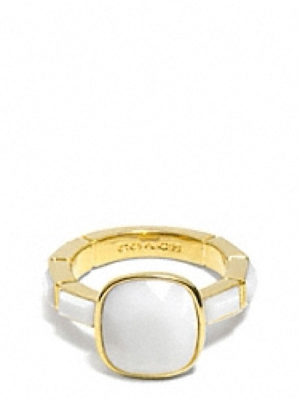 COACH Mother of Pearl Gold Plated Cushion Cut Ring, SIZE 5.75